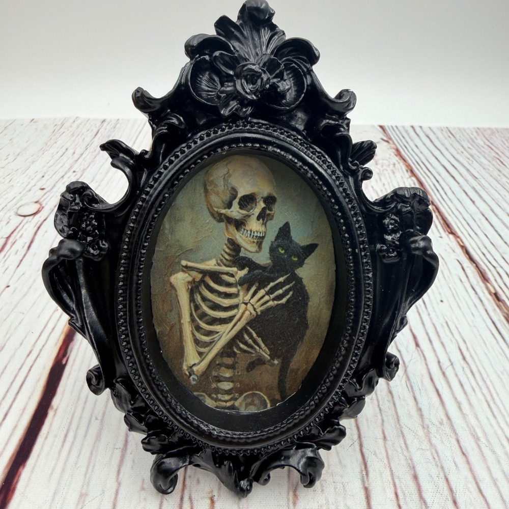 Handmade Gothic Skeleton Black Cat Decoupaged Art Print in Ornate Resin Frame